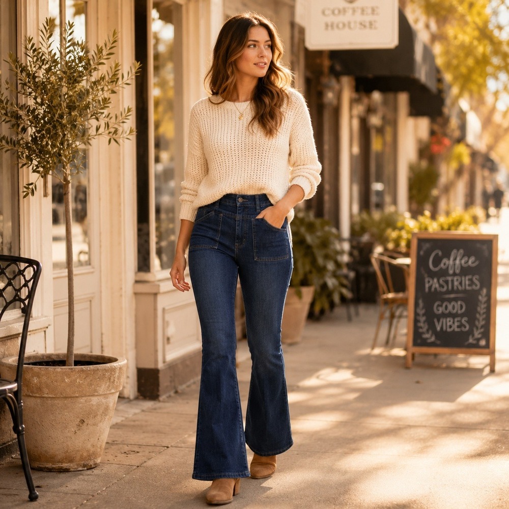 Indigo Poppy Pull-On Flare Jeans 4P Dark Wash Stretch Denim Pants Boho Chic Y2K